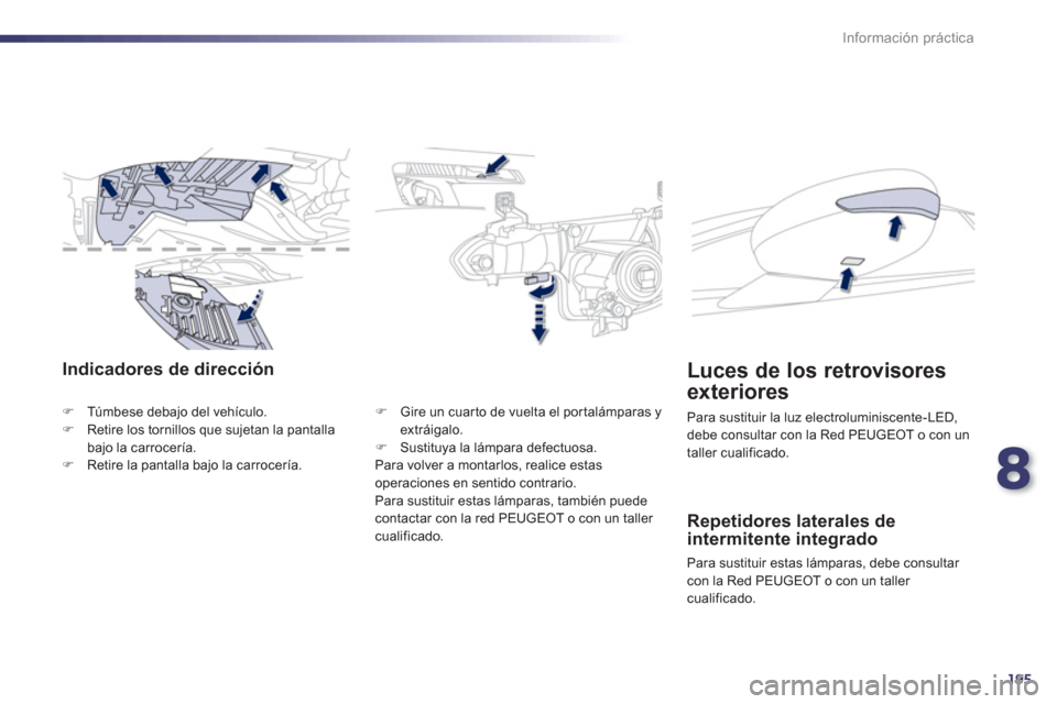 Peugeot 508 Hybrid 2011  Manual del propietario (in Spanish) 8
195
Información práctica
Indicadores de dirección
�)Túmbese debajo del vehículo. �)Retire los tornillos que sujetan la pantalla 
bajo la carrocería.�)Retire la pantalla bajo la carrocería. 
�