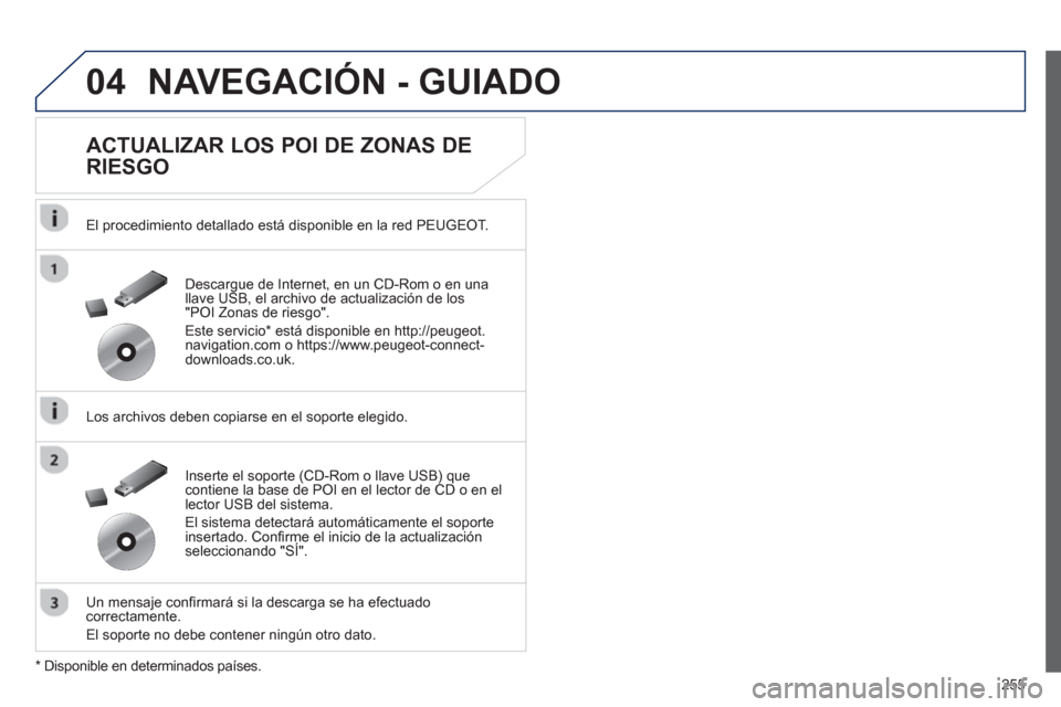 Peugeot 508 Hybrid 2011  Manual del propietario (in Spanish) 255
04NAVEGACIÓN - GUIADO
   
ACTUALIZAR LOS POI DE ZONAS DE 
RIESGO 
   
El procedimiento detallado está disponible en la red PEUGEOT.  
   
Los archivos deben copiarse en el soporte ele
gido.  
  