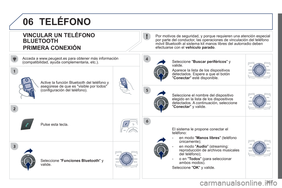 Peugeot 508 Hybrid 2011  Manual del propietario (in Spanish) 267
06
   
 
 
 
 
 
 
 
 
 
 
 
 
 
 
VINCULAR UN TELÉFONO 
BLUETOOTH  
PRIMERA CONEXIÓN    
Por motivos de seguridad, y porque requieren una atención especial 
por parte del conductor, las operac