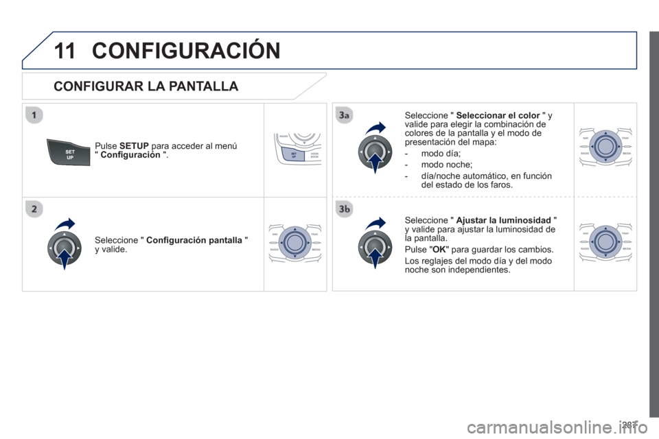 Peugeot 508 Hybrid 2011 Manual del propietario (in Spanish) 287
11CONFIGURACIÓN
Pulse SETUPpara acceder al menú" Confi guración
".
Seleccione " Seleccionar el color" y rvalide para elegir la combinación decolores de la pantalla y el modo de presen Peugeot 508 Hybrid 2011 Manual del propietario (in Spanish) 287
11CONFIGURACIÓN
Pulse SETUPpara acceder al menú" Confi guración
".
Seleccione " Seleccionar el color" y rvalide para elegir la combinación decolores de la pantalla y el modo de presen