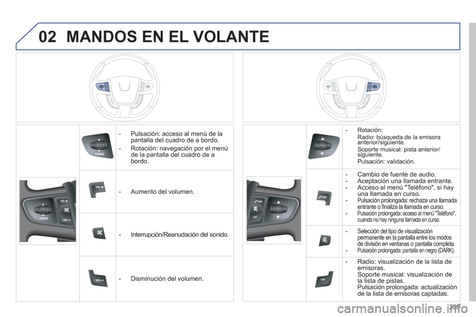 Peugeot 508 Hybrid 2011 Manual del propietario (in Spanish) 02
299
MANDOS EN EL VOLANTE
- Pulsación: acceso al menú de lapantalla del cuadro de a bordo.
- Rotación: nave
gación por el menú
de la pantalla del cuadro de a
bordo.
- A
ume Peugeot 508 Hybrid 2011 Manual del propietario (in Spanish) 02
299
MANDOS EN EL VOLANTE
- Pulsación: acceso al menú de lapantalla del cuadro de a bordo.
- Rotación: nave
gación por el menú
de la pantalla del cuadro de a
bordo.
- A
ume