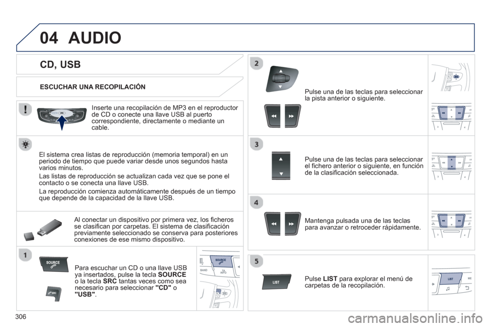 Peugeot 508 Hybrid 2011 Manual del propietario (in Spanish) 306
04
CD, USB
AUDIO
ESCUCHAR UNA RECOPILACIÓN
Inserte una recopilación de MP3 en el reproductor
de
CD o conecte una llave USB al puertocorrespondiente, directa Peugeot 508 Hybrid 2011 Manual del propietario (in Spanish) 306
04
CD, USB
AUDIO
ESCUCHAR UNA RECOPILACIÓN
Inserte una recopilación de MP3 en el reproductor
de
CD o conecte una llave USB al puertocorrespondiente, directa