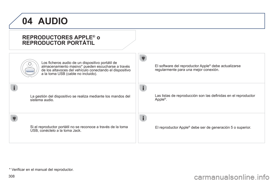 Peugeot 508 Hybrid 2011 Manual del propietario (in Spanish) 308
04AUDIO
REPRODUCTORES APPLE ®
o
REPRODUCTOR PORTÁTIL
La gestión del dispositivo se realiza mediante los mandos del sistema audio.
Los fi cheros audio de un dis
positivo portátil Peugeot 508 Hybrid 2011 Manual del propietario (in Spanish) 308
04AUDIO
REPRODUCTORES APPLE ®
o
REPRODUCTOR PORTÁTIL
La gestión del dispositivo se realiza mediante los mandos del sistema audio.
Los fi cheros audio de un dis
positivo portátil