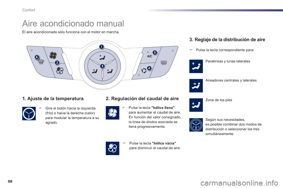 Peugeot 508 Hybrid 2011  Manual del propietario (in Spanish) 88
Confort
  Aire acondicionado manual 
El aire acondicionado sólo funciona con el motor en marcha.
1. Ajuste de la temperatura
�) 
  Gire el botón hacia la izquierda(frío) o hacia la derecha (calo