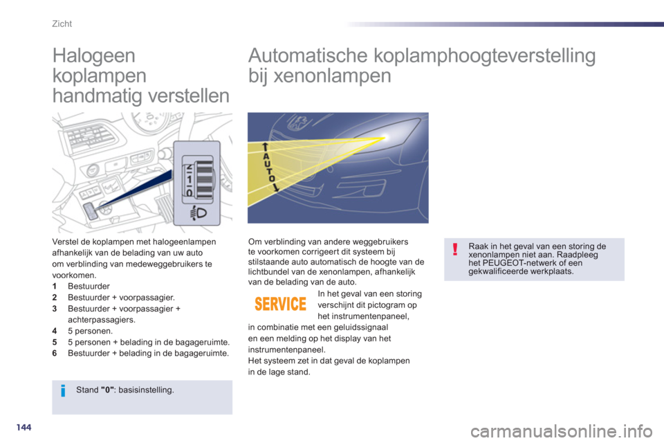 Peugeot 508 Hybrid 2011  Handleiding (in Dutch) 144
Zicht
   
 
 
 
 
 
 
Halogeen 
koplampen 
handmatig verstellen    
 
 
 
 
 
Automatische koplamphoogteverstelling 
bij xenonlampen 
Verstel de koplampen met halogeenlampen afhankelijk van de bel