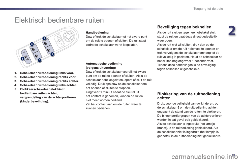 Peugeot 508 Hybrid 2011 Handleiding (in Dutch) 2
55
Toegang tot de auto
Elektrisch bedienbare ruiten
1.Schakelaar ruitbediening links voor.2.Schakelaar ruitbediening rechts voor.3.Schakelaar ruitbediening rechts achter.4.Schakelaar ruitbedienin Peugeot 508 Hybrid 2011 Handleiding (in Dutch) 2
55
Toegang tot de auto
Elektrisch bedienbare ruiten
1.Schakelaar ruitbediening links voor.2.Schakelaar ruitbediening rechts voor.3.Schakelaar ruitbediening rechts achter.4.Schakelaar ruitbedienin