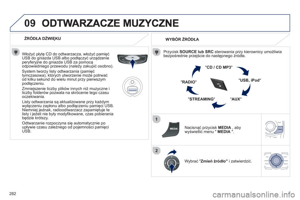 Peugeot 508 Hybrid 2011  Instrukcja Obsługi (in Polish) 282
09
   
 
ŹRÓDŁA DŹWIĘKU  
   
Włoż
y�ü płytę CD do odtwarzacza, włoży�ü pamięćUSB do gniazda USB albo podłączyć urządzenie peryferyjne do gniazda USB za pomocą odpowiedniego pr