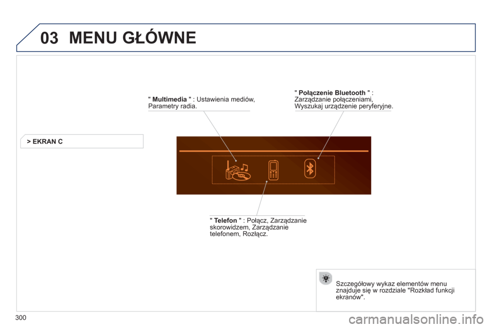 Peugeot 508 Hybrid 2011  Instrukcja Obsługi (in Polish) 03
300
  MENU GŁÓWNE 
 
 
"  Multimedia 
 " : Ustawienia mediów,
Parametry radia.  
> EKRAN 
C   
   
"  
Telefon" : Połącz, Zarządzanieskorowidzem, Zarządzanie 
telefonem, Rozłącz.
   
Szcze