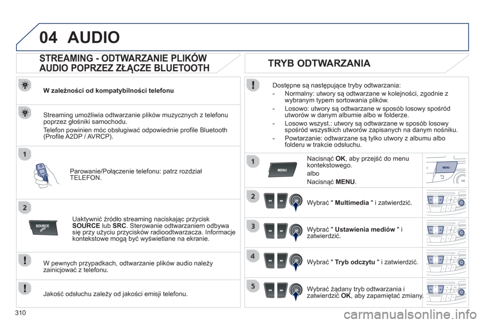 Peugeot 508 Hybrid 2011 Instrukcja Obsługi (in Polish) 310
04AUDIO
STREAMING - ODTWARZANIE PLIKÓW
AUDIO POPRZEZ ZŁĄCZE BLUETOOTH
W zależności od kompatybilności telefonu
Parowanie
/Połączenie telefonu: patrz rozdział
TELEFON. Peugeot 508 Hybrid 2011 Instrukcja Obsługi (in Polish) 310
04AUDIO
STREAMING - ODTWARZANIE PLIKÓW
AUDIO POPRZEZ ZŁĄCZE BLUETOOTH
W zależności od kompatybilności telefonu
Parowanie
/Połączenie telefonu: patrz rozdział
TELEFON.