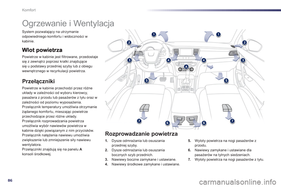 Peugeot 508 Hybrid 2011  Instrukcja Obsługi (in Polish) 86
Komfor t
   
 
 
 
 
 
 
 
Ogrzewanie i Wentylacja 
Powietrze w kabinie jest filtrowane, przedostajesię z zewnątrz poprzez kratki znajdującesię u podstawy przedniej szyby lub z obiegu 
wewnętr