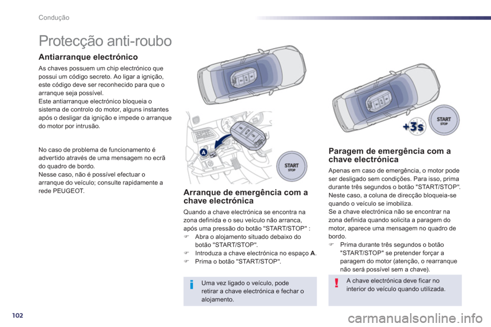 Peugeot 508 Hybrid 2011  Manual do proprietário (in Portuguese) 102
Condução
   
 
 
 
 
 
 
 
 
 
 
Protecção anti-roubo  
Antiarranque electrónico 
 As chaves possuem um chip electrónico que possui um código secreto. Ao ligar a ignição, 
este código de