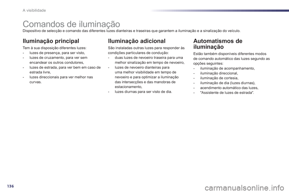 Peugeot 508 Hybrid 2011  Manual do proprietário (in Portuguese) 136
A visibilidade
   
 
 
 
 
 
 
 
 
 
 
 
 
 
Comandos de iluminação Dispositivo de selecção e comando das diferentes luzes dianteiras e traseiras que garantem a iluminação e a sinalização 