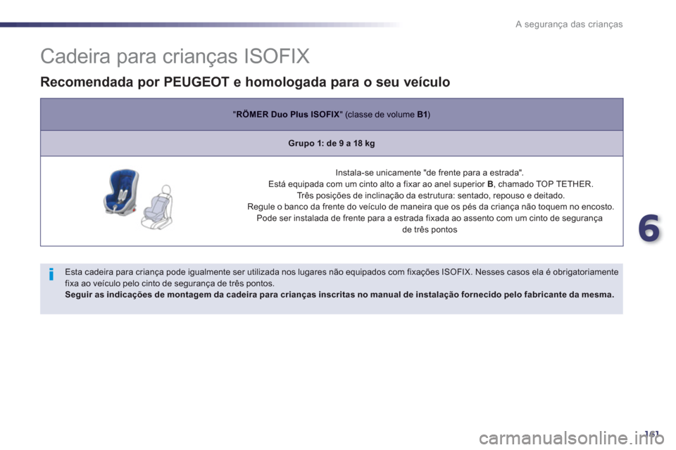Peugeot 508 Hybrid 2011 Manual do proprietário (in Portuguese) 6
161
A segurança das crianças
Cadeira para crianças ISOFIX
Esta cadeira para criança pode igualmente ser utilizada nos lugares não equipados com fixações I Peugeot 508 Hybrid 2011 Manual do proprietário (in Portuguese) 6
161
A segurança das crianças
Cadeira para crianças ISOFIX
Esta cadeira para criança pode igualmente ser utilizada nos lugares não equipados com fixações I
