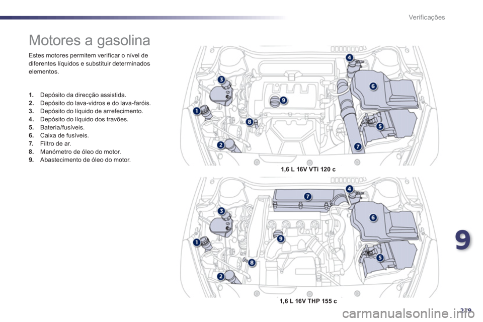Peugeot 508 Hybrid 2011  Manual do proprietário (in Portuguese) 9
219
Ver if ic aç ões
  Estes motores permitem verificar o nível de
diferentes líquidos e substituir determinados 
elementos. 
   
 
 
 
 
 
 
 
 
 
 
 
 
 
Motores a gasolina 
1. 
  Depósito da