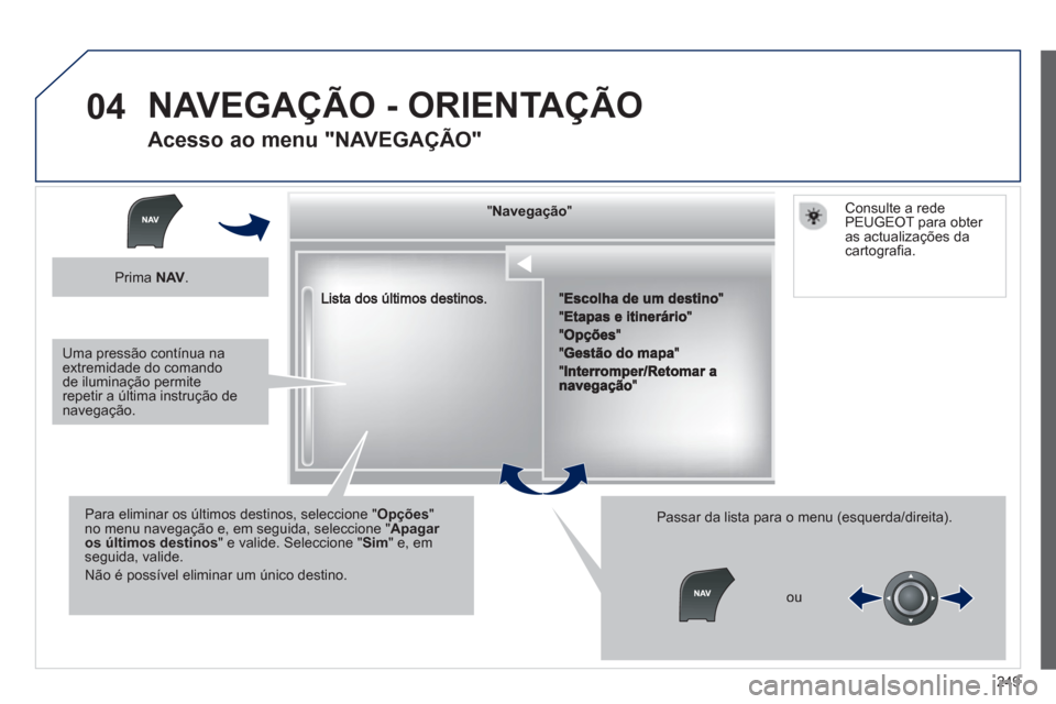 Peugeot 508 Hybrid 2011  Manual do proprietário (in Portuguese) 249
04
""""""""""""gçgçgçgçgçNavegaçãoNavegaçãoNavegaçãoNavegaçãoNavegaçãoNavegaçãoNavegaçãoNavegaçãoNavegaçãoNavegaçãoNavegaçãoNavegaçãoNavegaçãoNãNãNãNãNãNãNãN