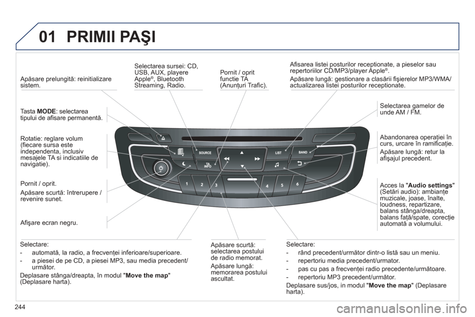 Peugeot 508 Hybrid 2011  Manualul de utilizare (in Romanian) 
244

01 PRIMII PAŞI 
  Pornit / oprit functie TA (Anunţuri Traﬁ c).   A
ﬁ sarea listei posturilor receptionate, a pieselor sau 
repertoriilor CD/MP3/player Apple® .
 Ap ăsare lung ă: gestion