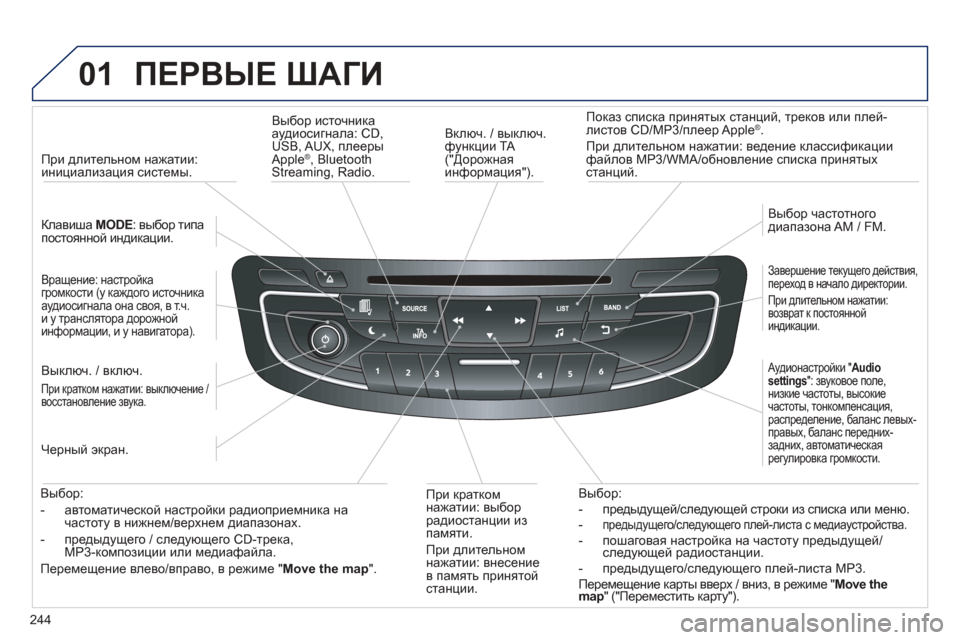 Peugeot 508 Hybrid 2011  Инструкция по эксплуатации (in Russian) 
244

01 
ПЕРВЫЕ ШАГИ 
  
Включ . / выключ . функции TA ("Дорожная
информация ").     
Показ
 списка  принятых  станций , тре