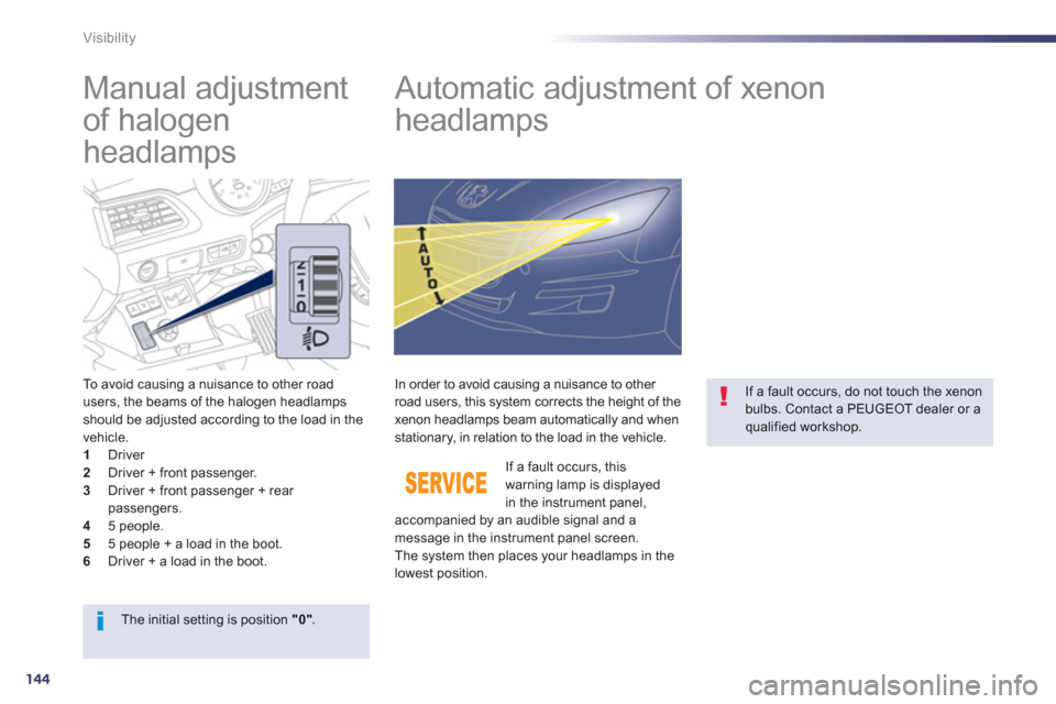 Peugeot 508 Hybrid Dag 2012.5  Owners Manual 144
Visibility
   
 
 
 
 
 
Manual adjustment 
of halogen 
headlamps    
 
 
 
 
 
 
 
Automatic adjustment of xenon 
headlamps 
To avoid causing a nuisance to other road 
users, the beams of the hal