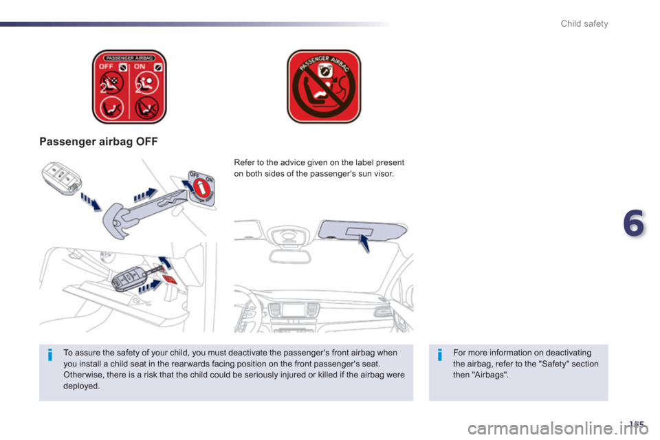 Peugeot 508 Hybrid Dag 2012.5  Owners Manual 6
155
Child safety
   
 
Passenger airbag OFF  
 
 
For more information on deactivatingthe airbag, refer to the "Safety" sectionthen "Airbags".   Re
fer to the advice given on the label present 
on b