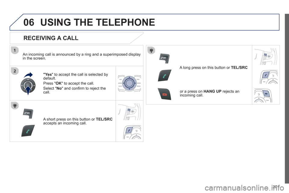 Peugeot 508 Hybrid Dag 2012.5 Owners Manual
271
06USING THE TELEPHONE
RECEIVING A CALL
An incoming call is announced by a ring and a superimposed displayin the screen.
"Ye s" to accept the call is selected bydefault.
Pr
ess " OK" to a Peugeot 508 Hybrid Dag 2012.5 Owners Manual
271
06USING THE TELEPHONE
RECEIVING A CALL
An incoming call is announced by a ring and a superimposed displayin the screen.
"Ye s" to accept the call is selected bydefault.
Pr
ess " OK" to a