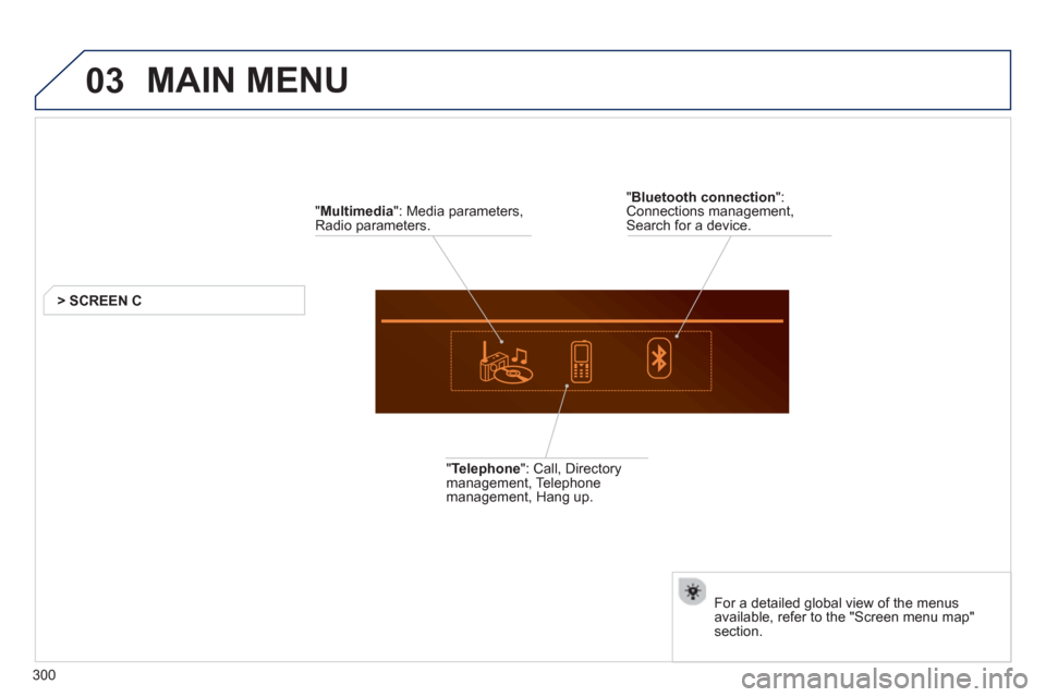 Peugeot 508 Hybrid Dag 2012.5  Owners Manual 03
300
  MAIN MENU 
 
 
" Multimedia 
": Media parameters,Radio parameters.
> SCREEN C
   
" 
Telephone": Call, Directory 
management, Telephone
management, Hang up.
   
For a detailed 
global view of