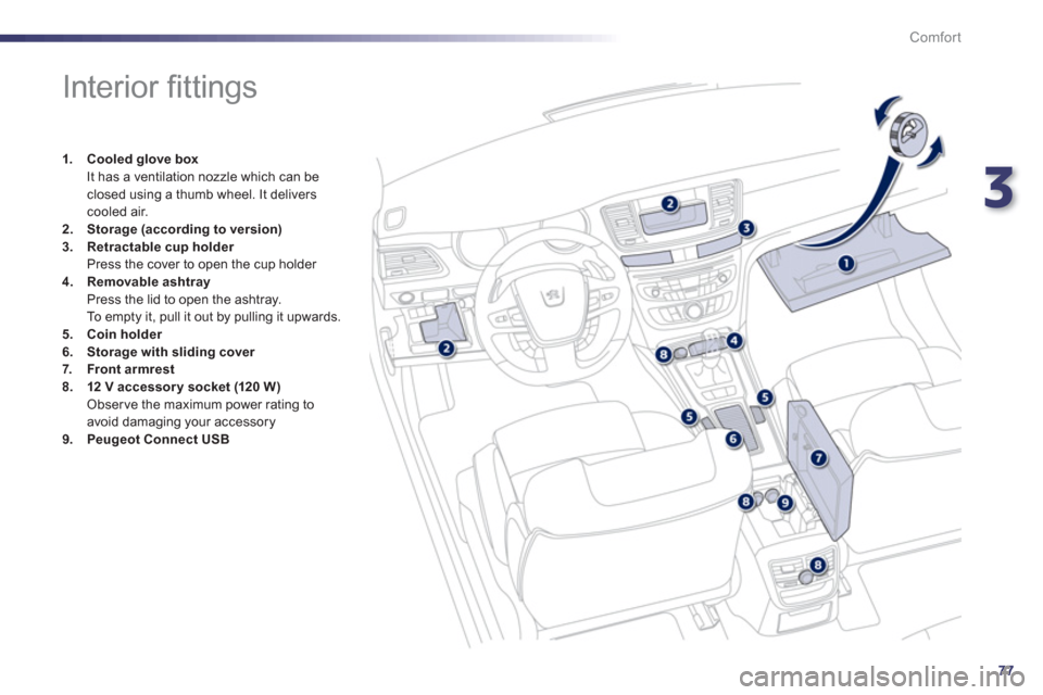 Peugeot 508 Hybrid Dag 2012.5 Manual PDF 3
77
Comfort
   
 
 
 
 
 
 
 
 
 
 
 
 
 
 
 
 
Interior ﬁ ttings 
1.Cooled glove box It has a ventilation nozzle which can be closed using a thumb wheel. It deliverscooled air. 2.Storage(according