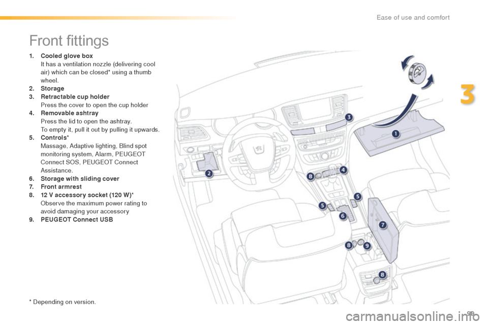 Peugeot 508 RXH 2016  Owners Manual 99
508_en_Chap03_ergonomie-et-confort_ed01-2016
Front fittings
1. Cooled glove box  I
t has a ventilation nozzle (delivering cool 
air) which can be closed* using a thumb 
wheel.
2.
 Sto

rage
3.
 R

