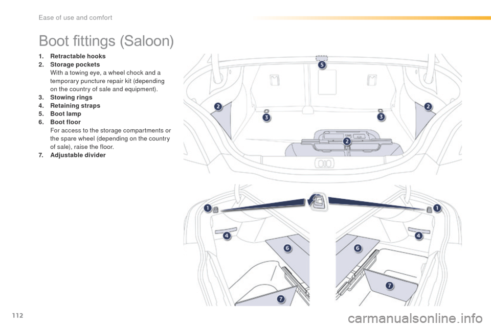 Peugeot 508 RXH 2016  Owners Manual 112
508_en_Chap03_ergonomie-et-confort_ed01-2016
Boot fittings (Saloon)
1. Retractable hooks
2. Storage pockets  
 W

ith a towing eye, a wheel chock and a 
temporary puncture repair kit (depending 
o