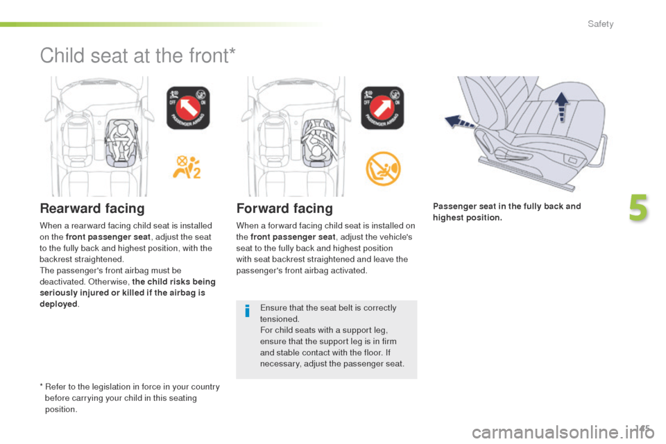 Peugeot 508 RXH 2016 User Guide 145
508_en_Chap05_securite_ed01-2016
Rearward facingForward facing
When a for ward facing child seat is installed on 
the front passenger seat, adjust the vehicles 
seat to the fully back and highest