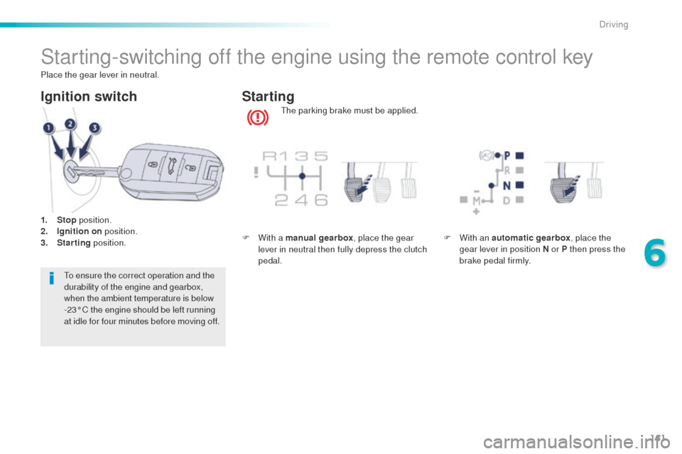 Peugeot 508 RXH 2016  Owners Manual 161
508_en_Chap06_conduite_ed01-2016
Starting-switching off the engine using the remote control key
the parking brake must be applied.
Starting
Ignition switch
to ensure the correct operation and the 