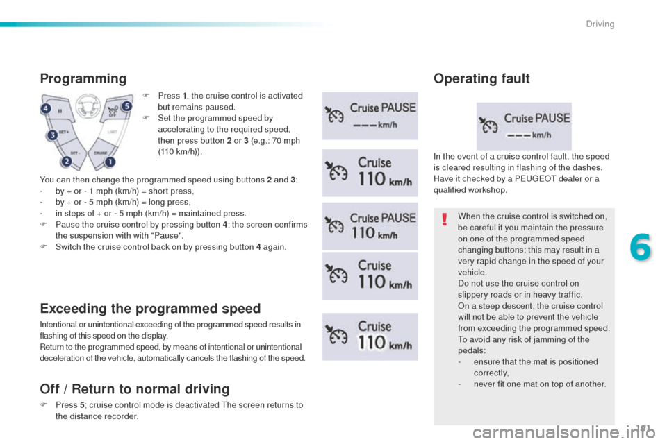 Peugeot 508 RXH 2016  Owners Manual 191
508_en_Chap06_conduite_ed01-2016
F Press 1, t he cruise control is activated 
but remains paused.
F
 
S
 et the programmed speed by 
accelerating to the required speed, 
then press button 2 or 3 (
