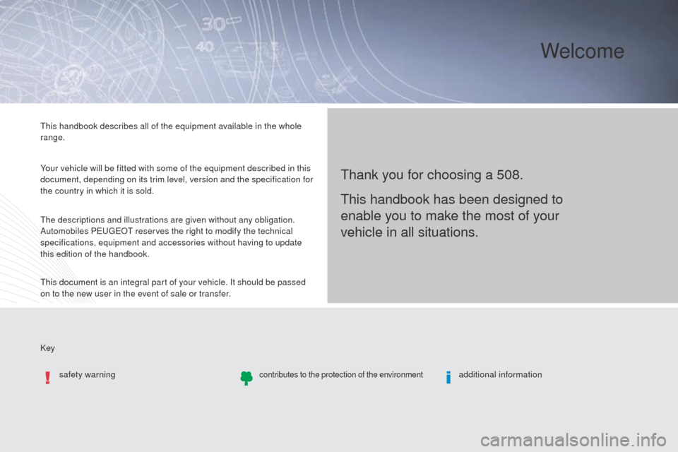 Peugeot 508 RXH 2016  Owners Manual Key
th
is handbook describes all of the equipment available in the whole 
range.
Your vehicle will be fitted with some of the equipment described in this 
document, depending on its trim level, versio
