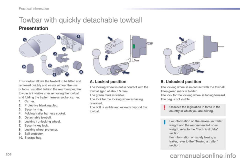 Peugeot 508 RXH 2016  Owners Manual 206
508_en_Chap07_info-pratiques_ed01-2016
towbar with quickly detachable towball
Presentation
this towbar allows the towball to be fitted and 
removed quickly and easily without the use 
of tools. In