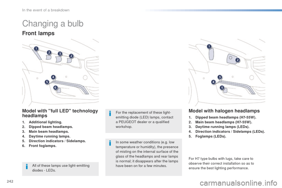Peugeot 508 RXH 2016  Owners Manual 242
508_en_Chap08_en-cas-de-pannes_ed01-2016
Changing a bulb
Front lamps
Model with "full LED" technology 
headlamps
1. Additional lighting.
2. Dipped beam headlamps.
3.
 M

ain beam headlamps.
4.
 D
