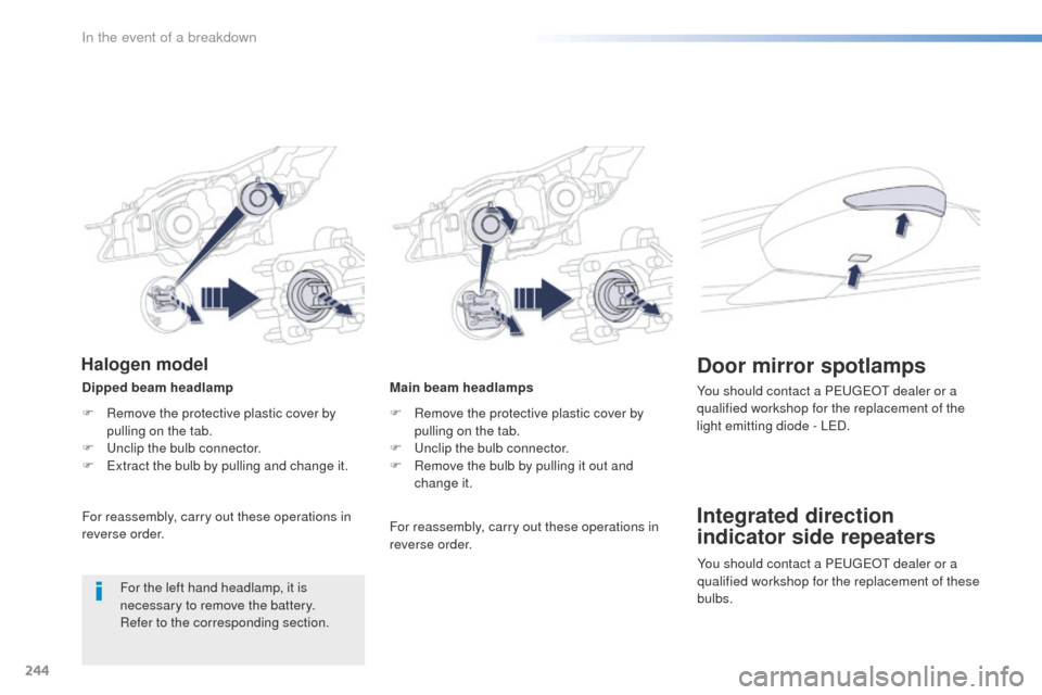 Peugeot 508 RXH 2016  Owners Manual 244
508_en_Chap08_en-cas-de-pannes_ed01-2016
Main beam headlamps
F 
R
 emove the protective plastic cover by 
pulling on the tab.
F
  u
n
 clip the bulb connector.
F
 
R
 emove the bulb by pulling it 