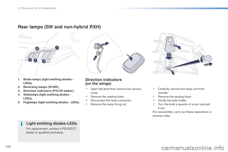Peugeot 508 RXH 2016  Owners Manual 246
508_en_Chap08_en-cas-de-pannes_ed01-2016
1. Brake lamps (light emitting diodes - LEDs).
2.
 R

eversing lamps (W19W).
3.
 D

irection indicators (PY21W amber).
4.
 S

idelamps (light emitting diod