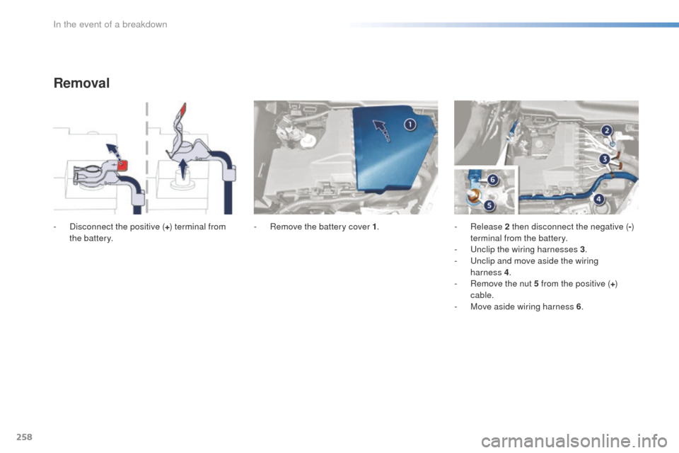 Peugeot 508 RXH 2016  Owners Manual 258
508_en_Chap08_en-cas-de-pannes_ed01-2016
Removal
- Disconnect the positive (+) terminal from 
the battery. -
 R emove the battery cover 1.-   Release 2 then disconnect the negative ( -) 
terminal 