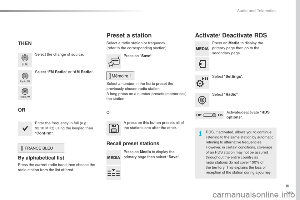 Peugeot 508 RXH 2016  Owners Manual 289
508_en_Chap10c_SMegplus_ed01-2016
Select the change of source.
Select "FM Radio " or "AM Radio ".Select a radio station or frequency
(refer to the corresponding section).
Press on Media
 to displa