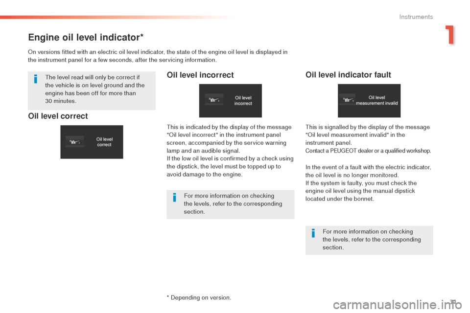 Peugeot 508 RXH 2016 Owners Guide 31
508 _en_Chap01_instrument-bord_ed01-2016
Engine oil level indicator*
Oil level incorrectOil level indicator fault
In the event of a fault with the electric indicator, 
the oil level is no longer mo