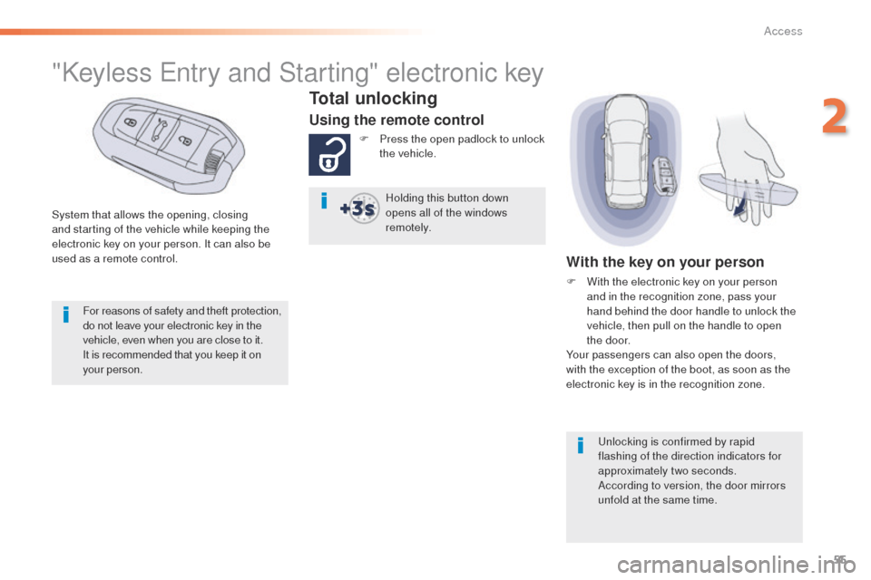 Peugeot 508 RXH 2016  Owners Manual 55
508_en_Chap02_ouvertures_ed01-2016
System that allows the opening, closing 
and starting of the vehicle while keeping the 
electronic key on your person. It can also be 
used as a remote control.
"