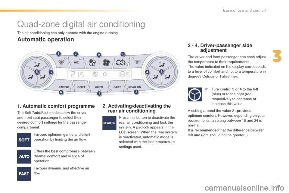 Peugeot 508 RXH 2016  Owners Manual 91
508_en_Chap03_ergonomie-et-confort_ed01-2016
Quad-zone digital air conditioning
Automatic operation
1. Automatic comfort programme
the Soft /Auto/Fast modes allow the driver 
and front seat passeng