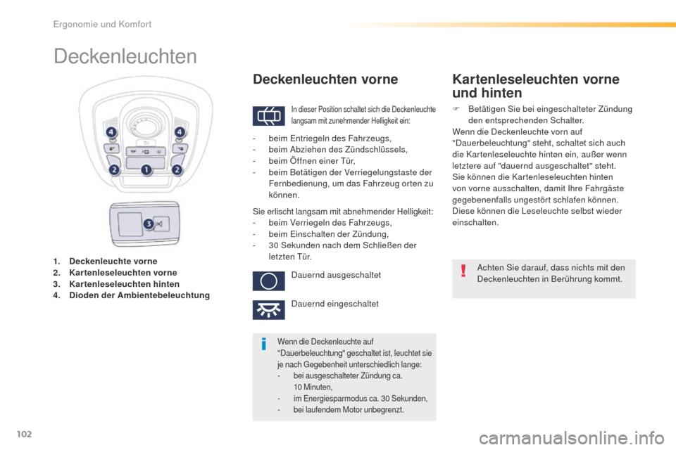 Peugeot 508 RXH 2016  Betriebsanleitung (in German) 102
508_de_Chap03_ergonomie-et-confort_ed01-2016
1. Deckenleuchte vorne
2. K artenleseleuchten  vorne
3.
 K

artenleseleuchten hinten
4.
 Di

oden der Ambientebeleuchtung
Deckenleuchten
In dieser Posi