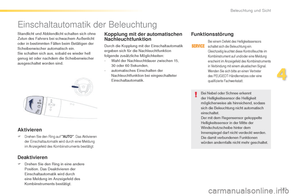 Peugeot 508 RXH 2016  Betriebsanleitung (in German) 121
508_de_Chap04_eclairage-et-visibilite_ed01-2016
Bei Nebel oder Schnee erkennt 
der Helligkeitssensor die Helligkeit 
möglicherweise als hinreichend, sodass 
sich die Beleuchtung nicht automatisch
