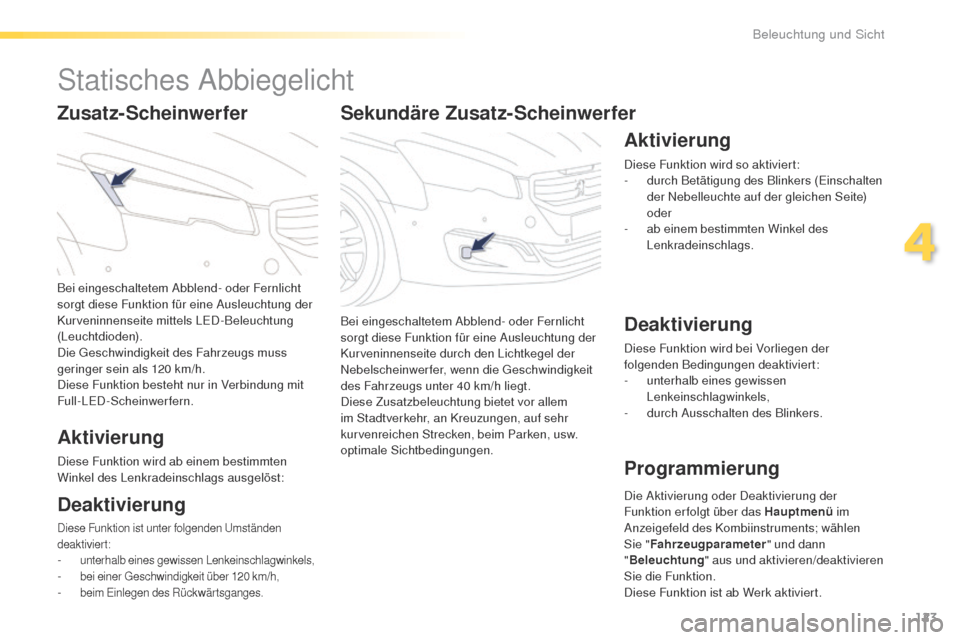 Peugeot 508 RXH 2016  Betriebsanleitung (in German) 123
508_de_Chap04_eclairage-et-visibilite_ed01-2016
Sekundäre Zusatz-Scheinwerfer
Bei eingeschaltetem Abblend- oder Fernlicht 
sorgt diese Funktion für eine Ausleuchtung der 
Kurveninnenseite durch 