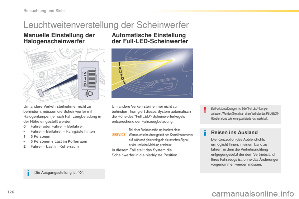 Peugeot 508 RXH 2016  Betriebsanleitung (in German) 126
508_de_Chap04_eclairage-et-visibilite_ed01-2016
Manuelle Einstellung der 
HalogenscheinwerferAutomatische Einstellung 
der Full-LED-Scheinwerfer
um andere Verkehrsteilnehmer nicht zu 
behindern, m