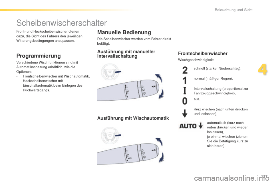 Peugeot 508 RXH 2016  Betriebsanleitung (in German) 127
508_de_Chap04_eclairage-et-visibilite_ed01-2016
Scheibenwischerschalter
Programmierung
Verschiedene Wischfunktionen sind mit 
Automatikschaltung erhältlich, wie die 
Optionen:
-
 F
rontscheibenwi