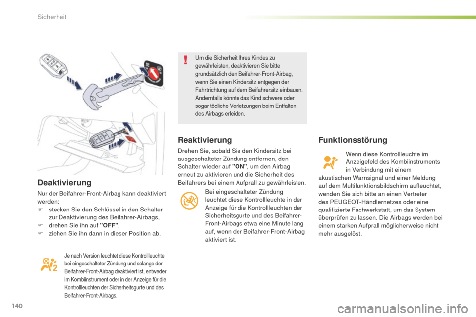 Peugeot 508 RXH 2016  Betriebsanleitung (in German) 140
508_de_Chap05_securite_ed01-2016
Deaktivierung
Nur der Beifahrer-Front-Airbag kann deaktiviert 
werden:
F 
s
 tecken Sie den Schlüssel in den Schalter 
zur Deaktivierung des Beifahrer-Airbags,
F
