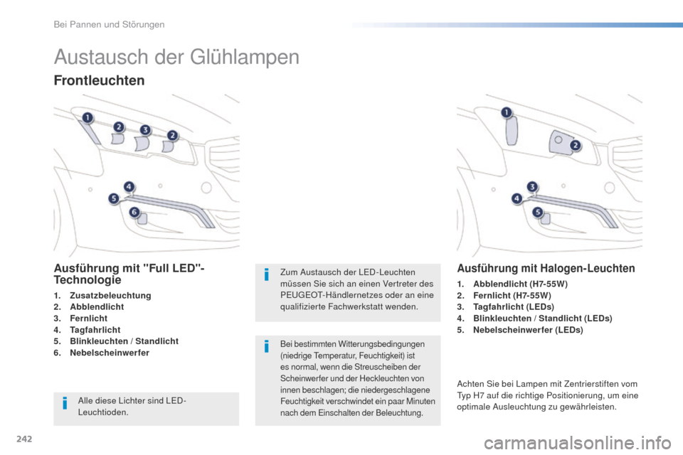 Peugeot 508 RXH 2016 Betriebsanleitung (in German) 242
508_de_Chap08_en-cas-de-pannes_ed01-2016
Austausch der glühlampen
Frontleuchten
Ausführung mit "Full LED"-
Technologie
1. Zusatzbeleuchtung
2. A
bblendlicht
3.
F
ernlicht
4.
T
agfahrlicht
5. Peugeot 508 RXH 2016 Betriebsanleitung (in German) 242
508_de_Chap08_en-cas-de-pannes_ed01-2016
Austausch der glühlampen
Frontleuchten
Ausführung mit "Full LED"-
Technologie
1. Zusatzbeleuchtung
2. A
bblendlicht
3.
F
ernlicht
4.
T
agfahrlicht
5.