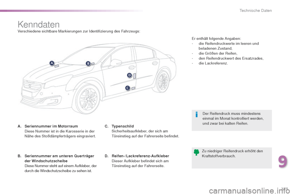 Peugeot 508 RXH 2016  Betriebsanleitung (in German) 273
508_de_Chap09_caracteristiques-techniques_ed01-2016
KenndatenVerschiedene sichtbare Markierungen zur Identifizierung des Fahrzeugs:
A.
 S
eriennummer im Motorraum  
 D

iese Nummer ist in die Karo