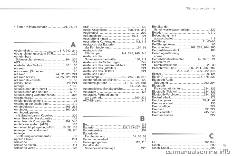 Peugeot 508 RXH 2016  Betriebsanleitung (in German) 353
508_de_Chap11_index-alpha_ed01-2016
4-Zonen-Klimaautomatik ....................91, 94, 96
BA
 
 ..................................................................13 3
Batterie
 

.................